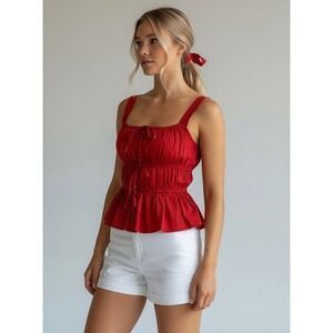 Sim & Sam Red Smocked Medium Peplum‎ Cotton Tank Top Cottagecore Boho